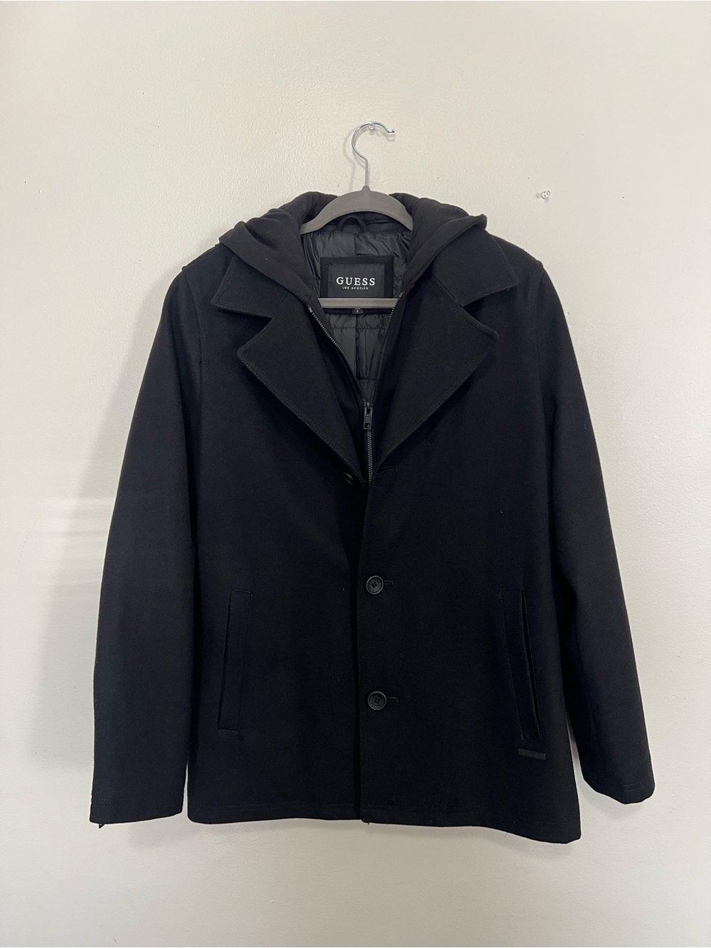 GUESS Black Wool-Blend Pea Coat with Hood